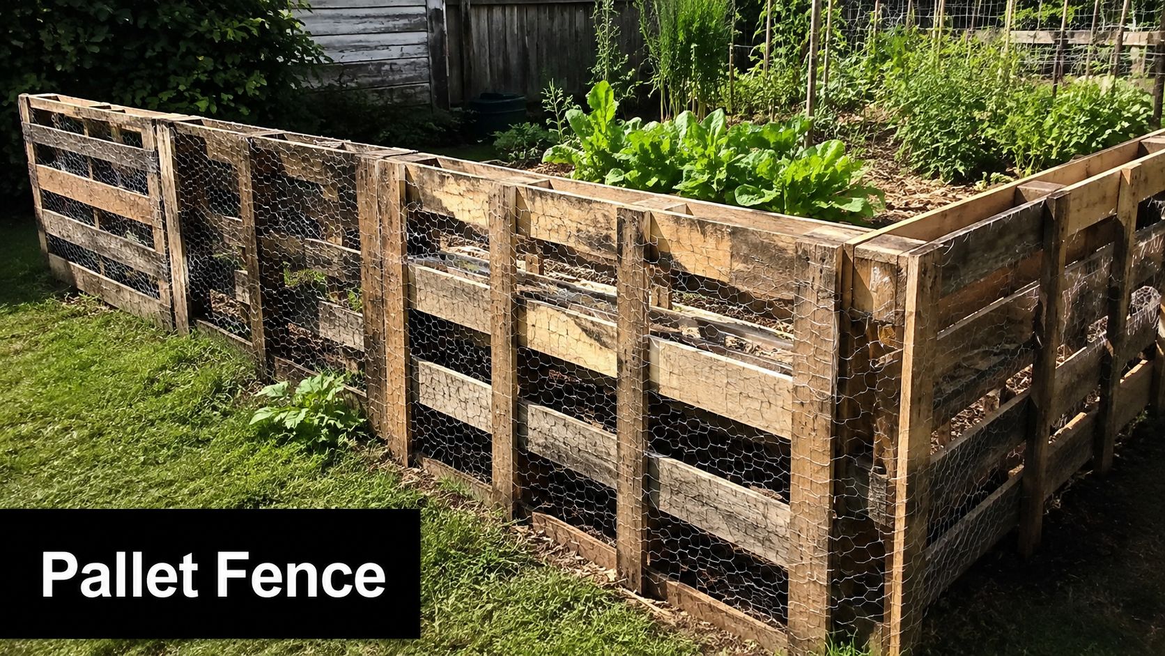 A raised garden bed constructed from wooden pallets and reinforced with chicken wire in a backyard.