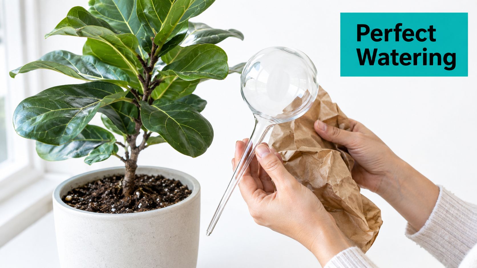 A person holding a clear hand blown glass watering bulb next to a potted fiddle leaf fig.