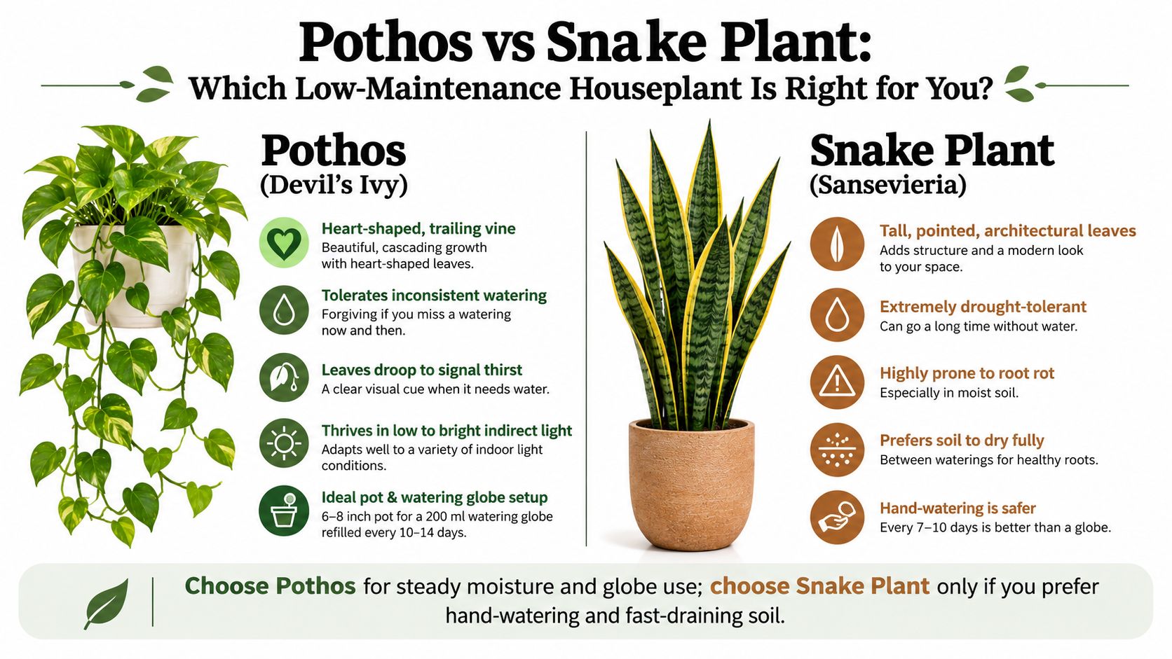 A comparison infographic featuring Pothos and Snake Plant, outlining care tips for low-maintenance houseplants.