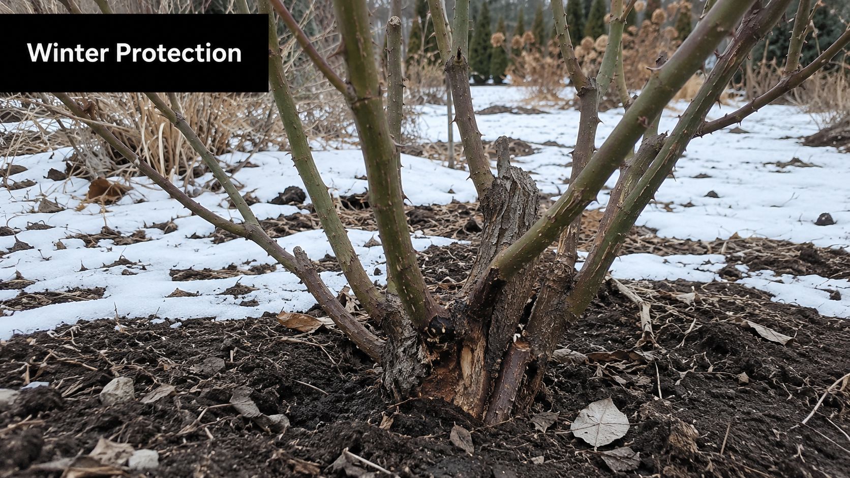 A close-up view of a bare rose bush base in winter showing soil mounded for protection.