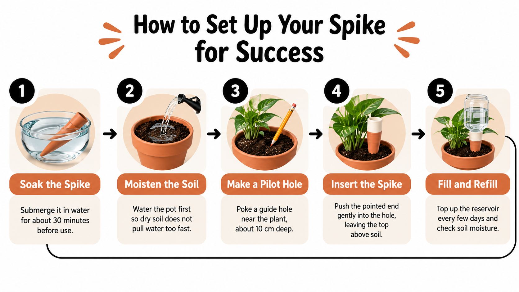 A five-step guide illustration showing how to properly install terracotta watering spikes into a plant pot.