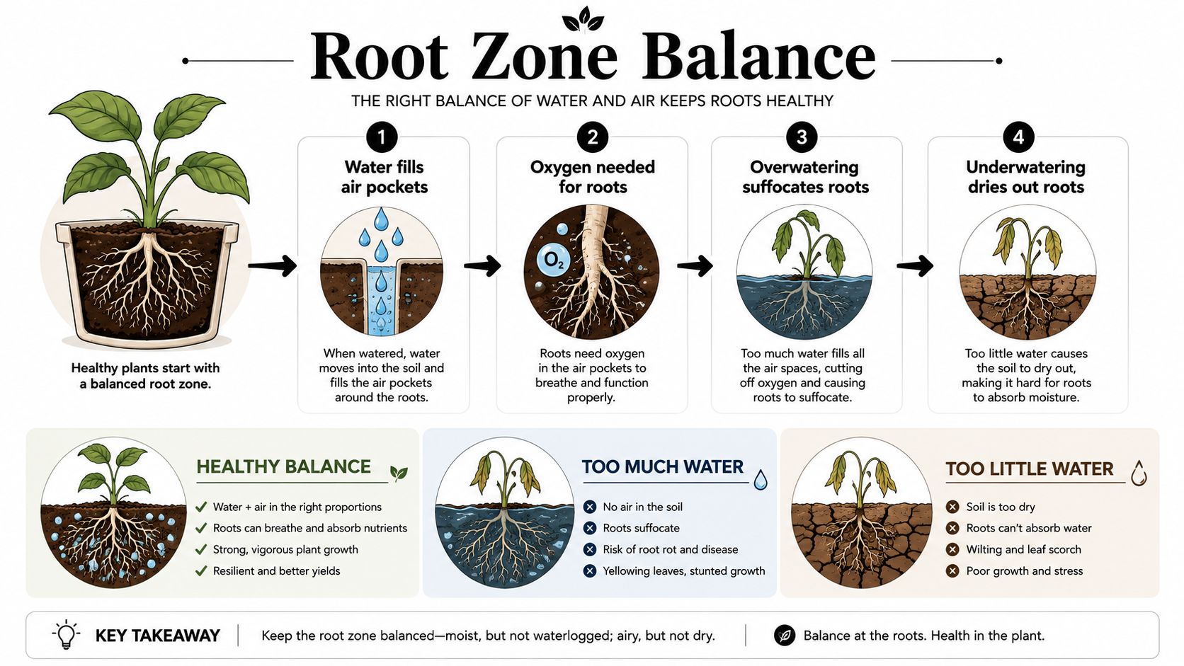 An educational infographic explaining the importance of balancing water and air in the root zone for plant health.