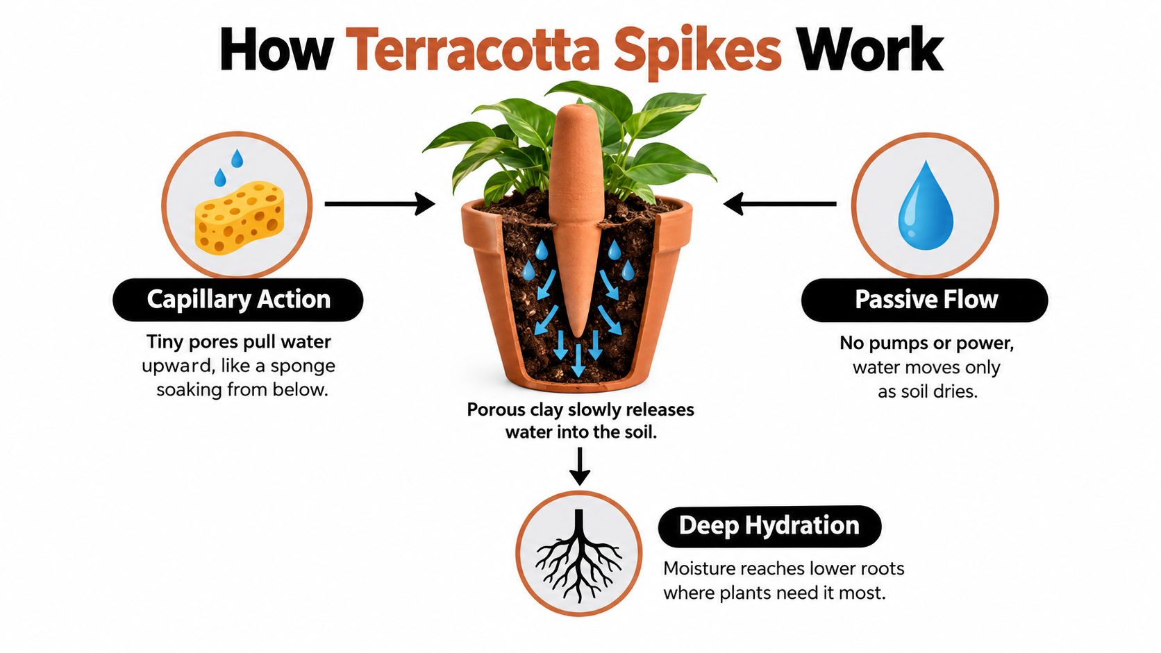 A diagram explaining how terracotta watering spikes provide deep hydration to plants through capillary action and passive flow.