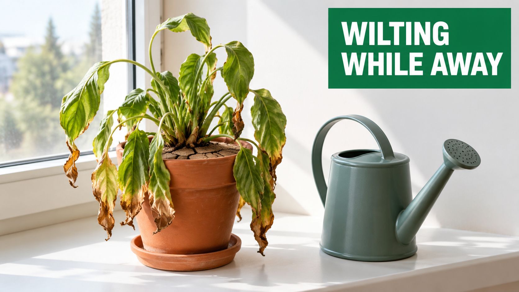 A wilted houseplant in a dry terracotta pot sitting on a sunny windowsill next to a watering can.