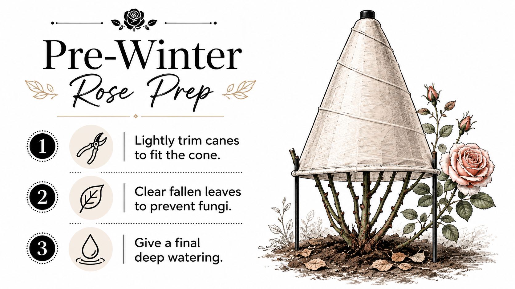 A diagram illustrating three steps for preparing rose bushes for winter using a protective plant cone.