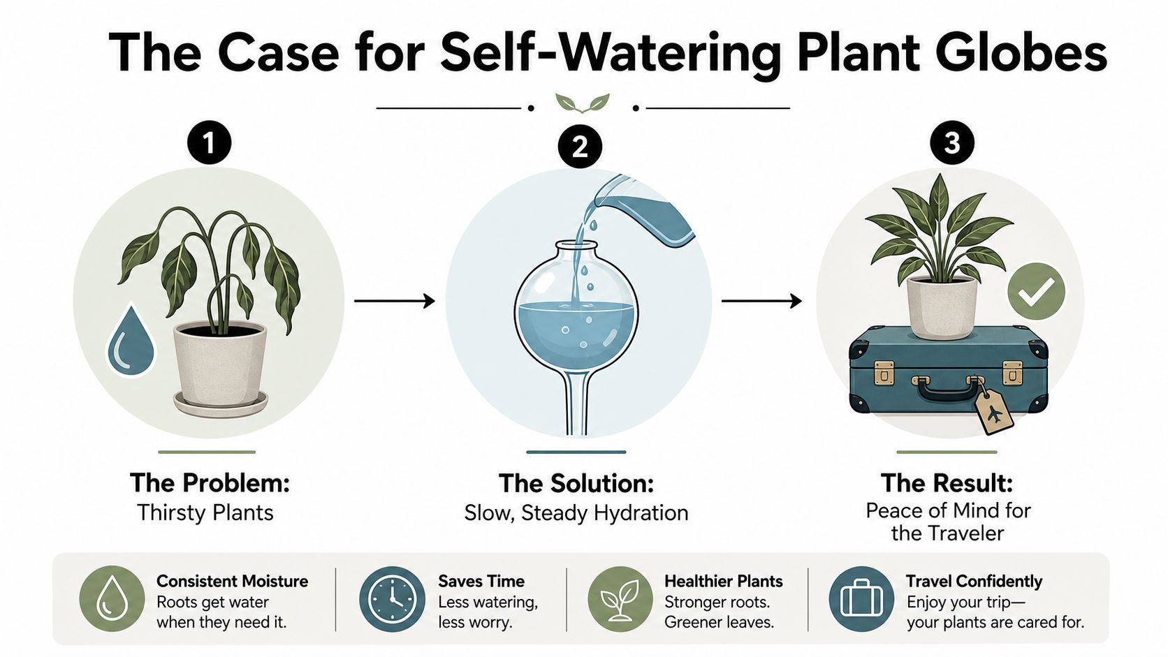 An infographic illustrating how self-watering plant globes help keep indoor plants hydrated while the owner travels.