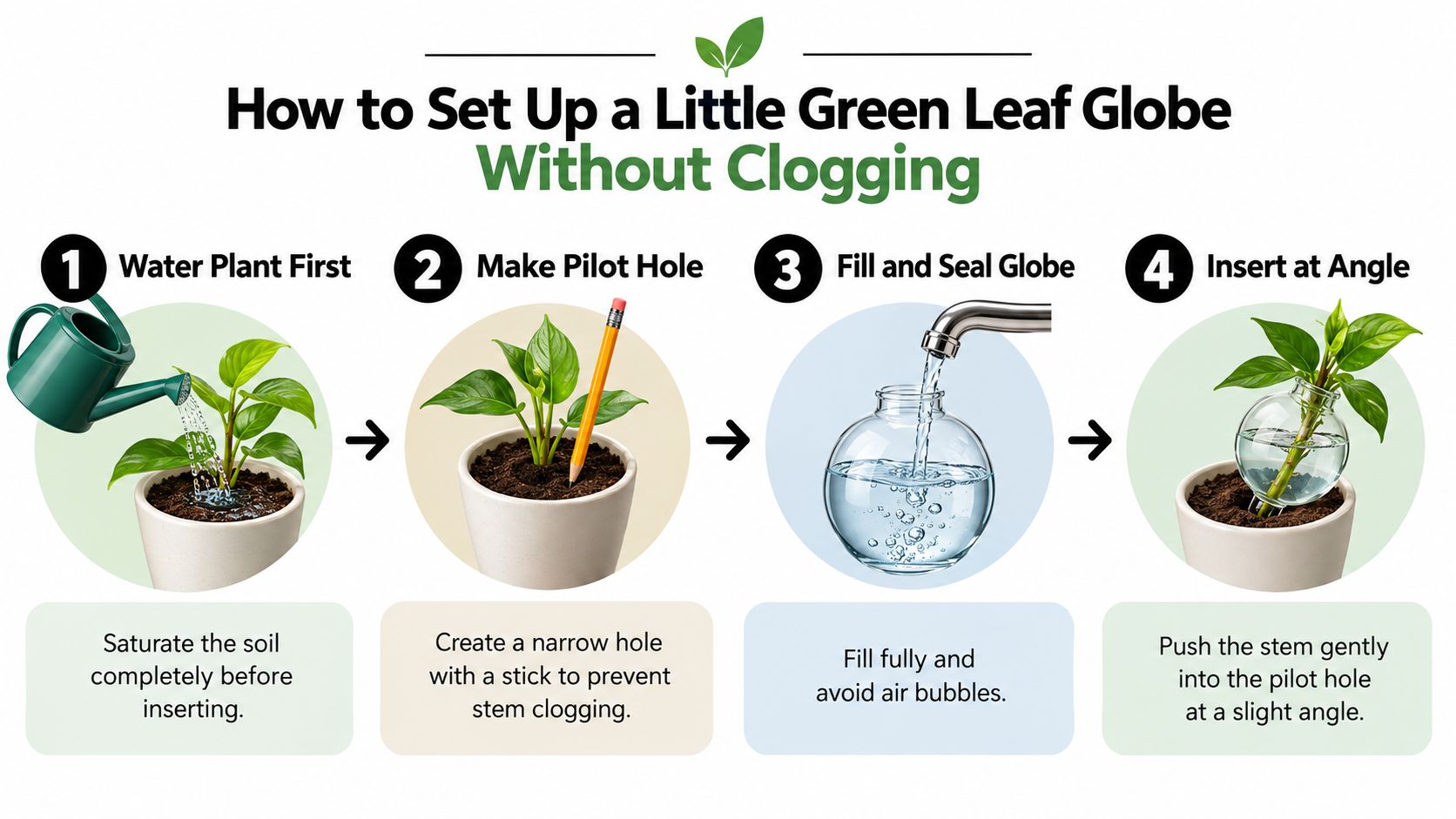 An infographic showing four simple steps to set up a Little Green Leaf plant watering globe.