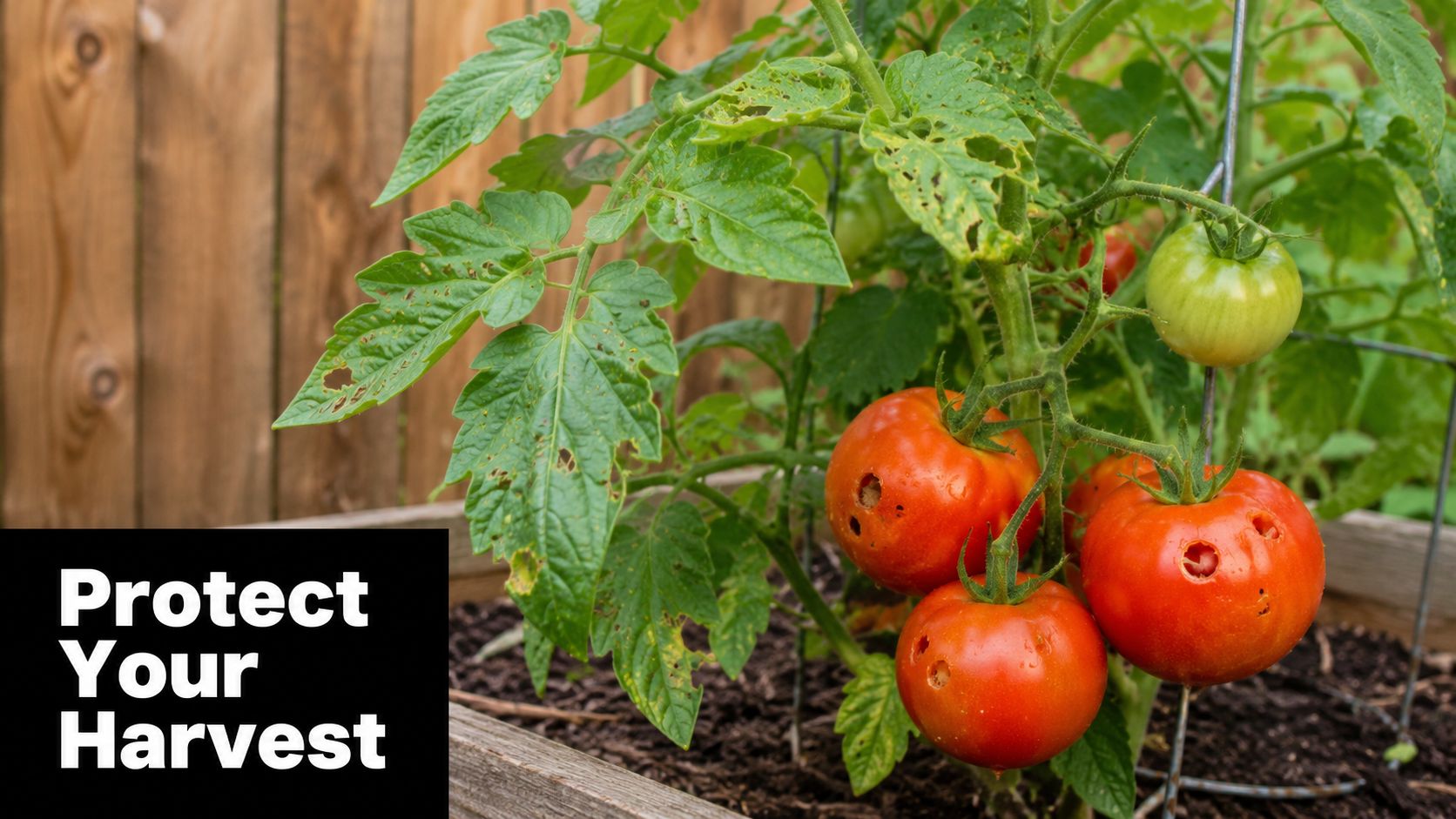 A close-up of tomato plants with red and green fruits damaged by garden pests in a garden.