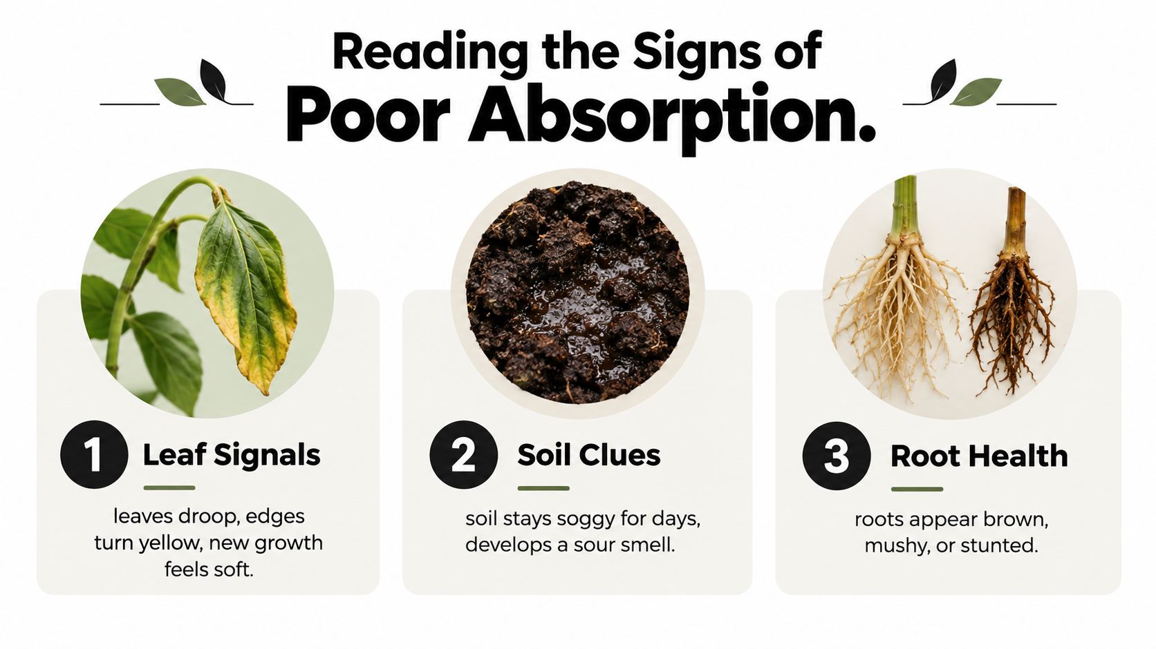 An infographic showing three signs of poor plant water absorption: yellowing leaves, soggy soil, and root decay.