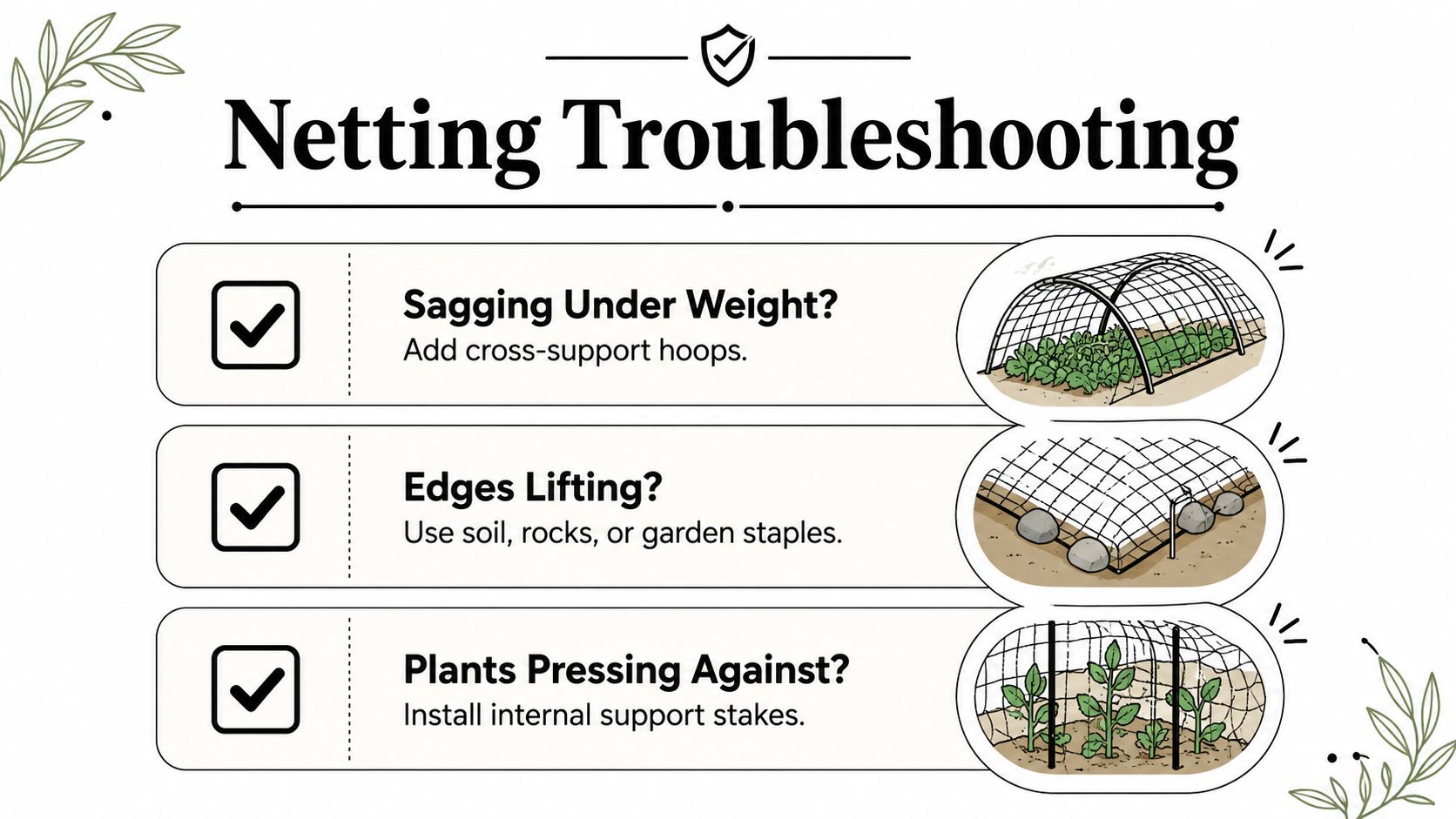 An infographic titled Netting Troubleshooting offering tips for securing garden netting over vegetable plants.