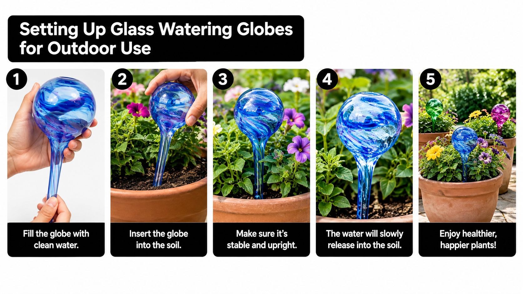 A five-step guide showing how to set up glass watering globes in a potted plant.