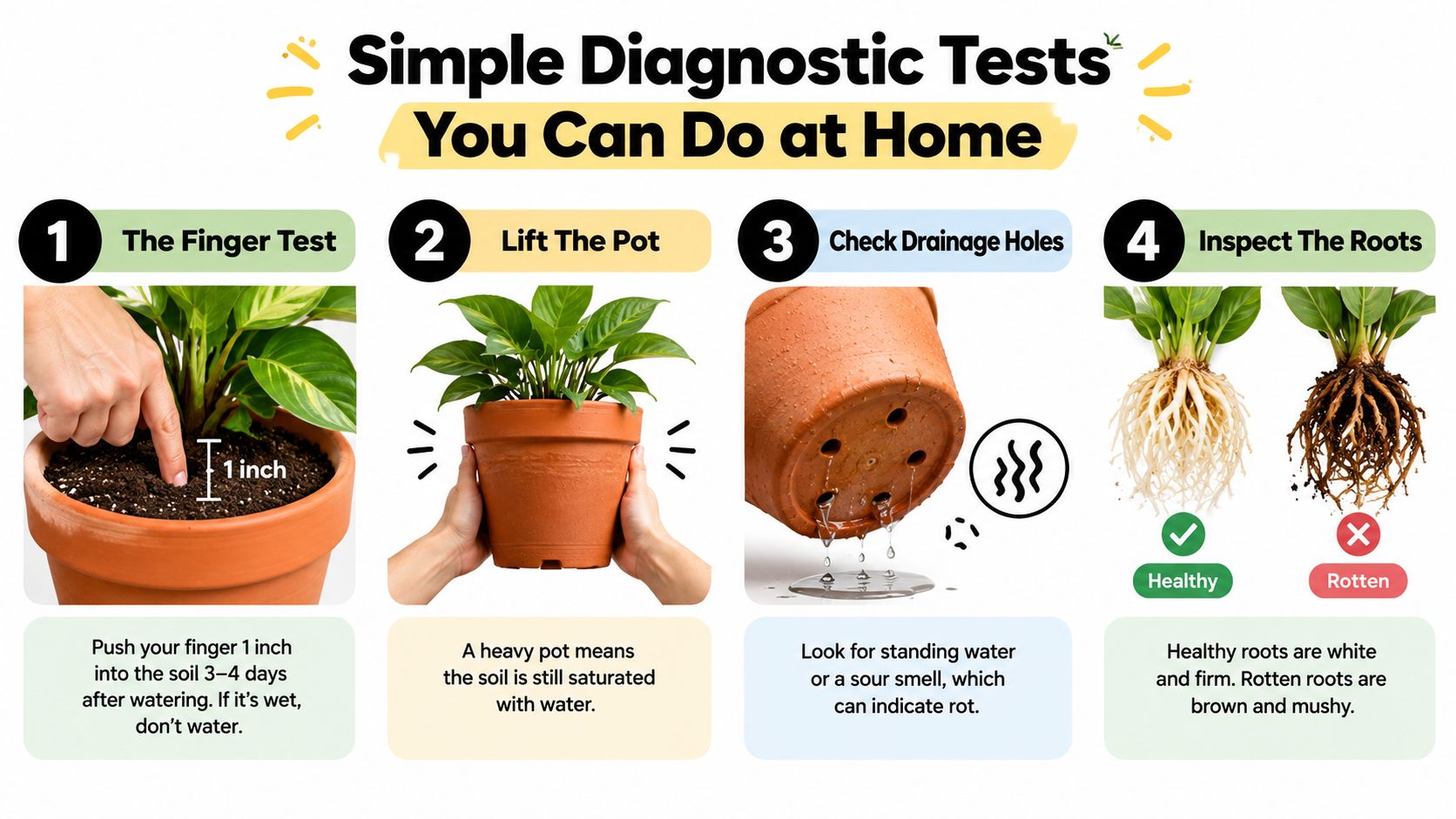 An infographic showing four simple diagnostic tests for home gardeners to identify signs of overwatering plants.