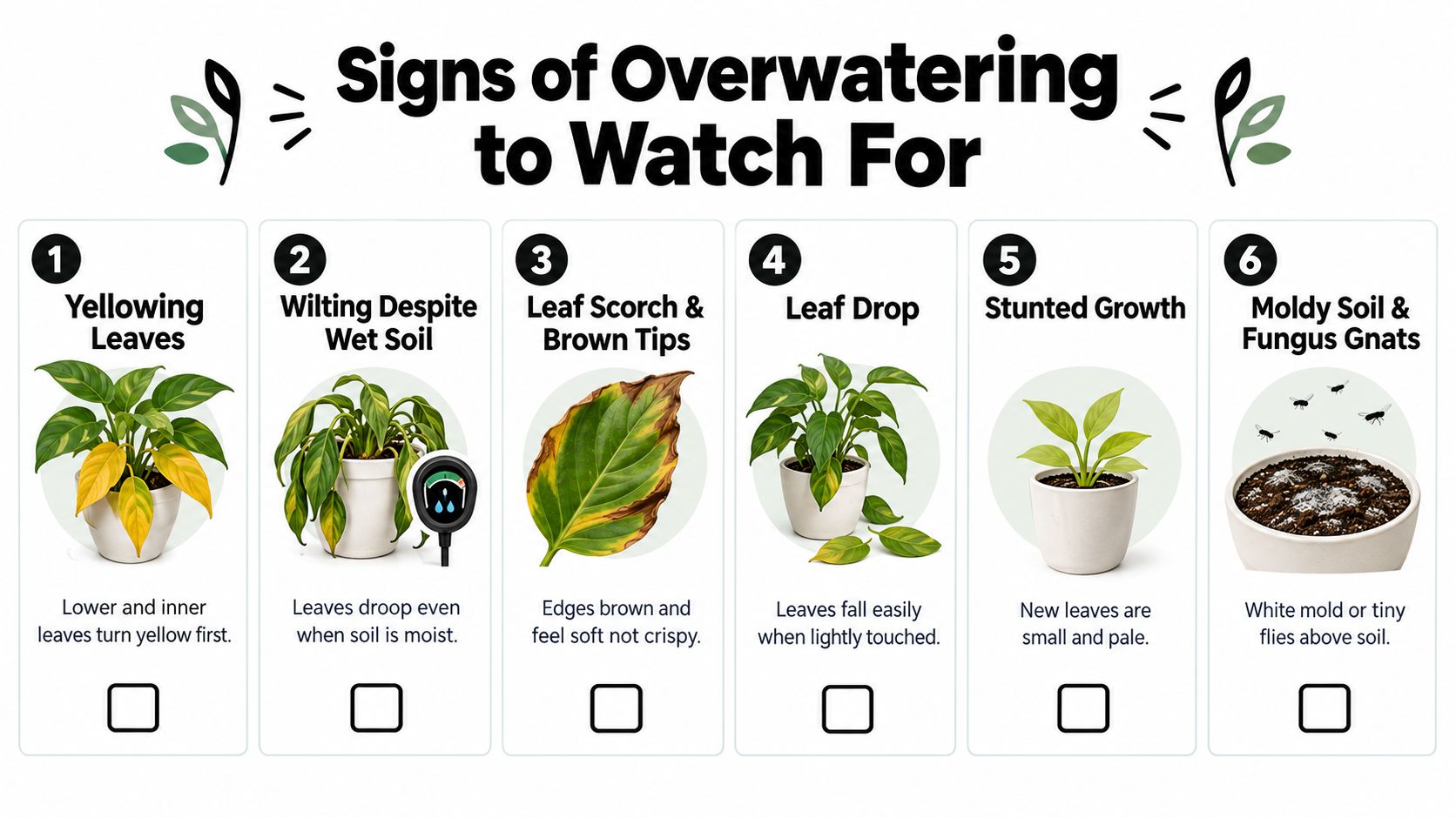 An infographic showing six common visual signs of overwatered houseplants, including yellowing leaves, drooping, and moldy soil.