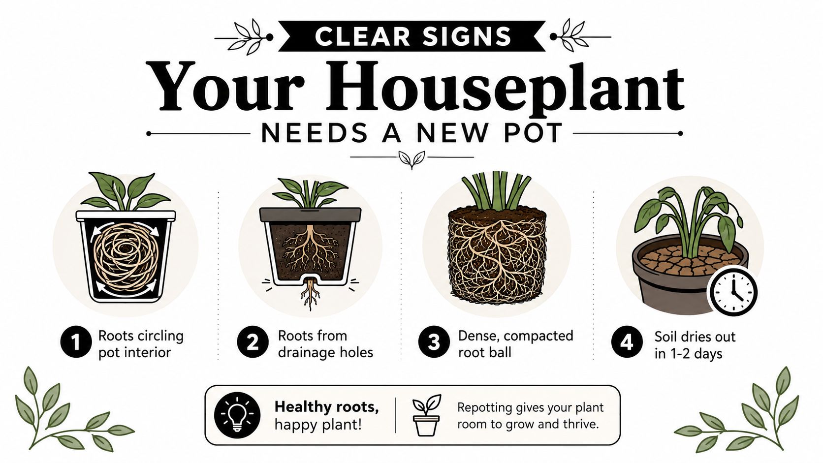 An infographic detailing four key signs that a houseplant needs to be repotted into a larger container.