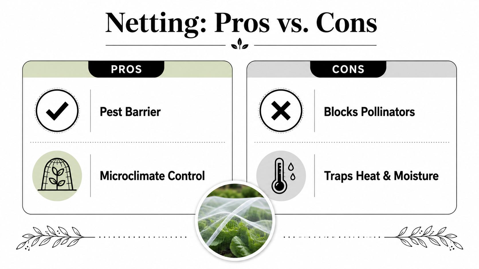 A comparison chart outlining the pros and cons of using netting for vegetable garden protection.