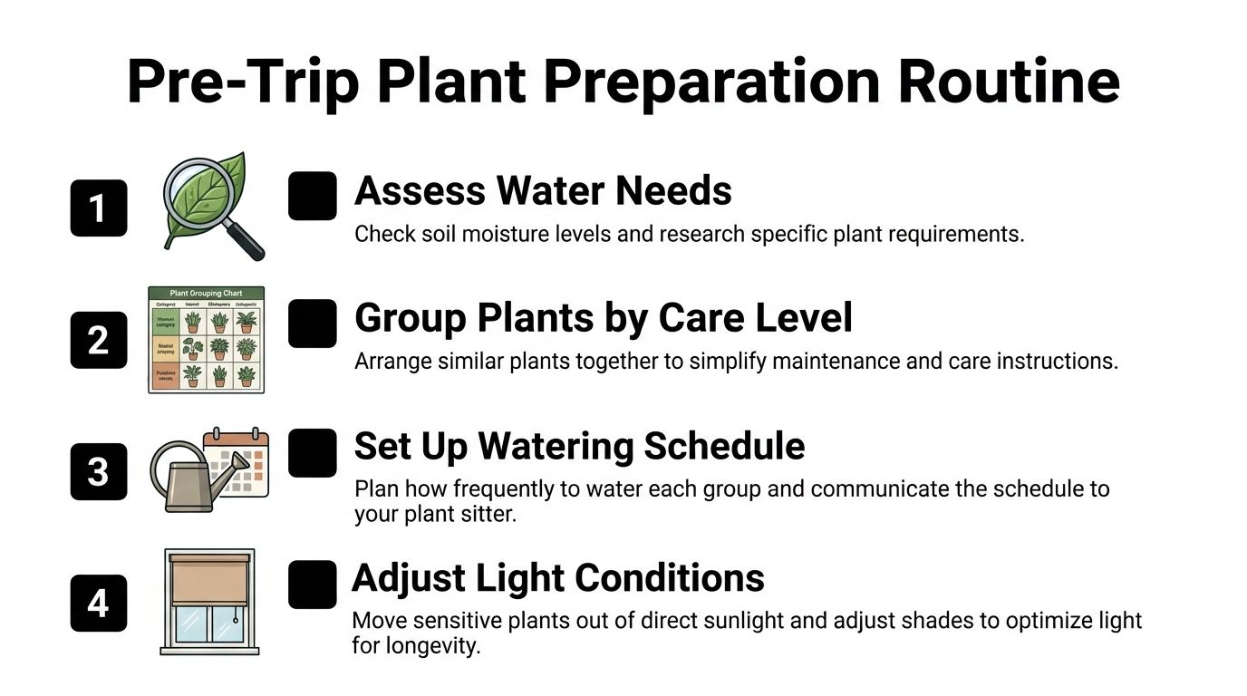 A four-step checklist for preparing indoor plants for care before going on a trip.