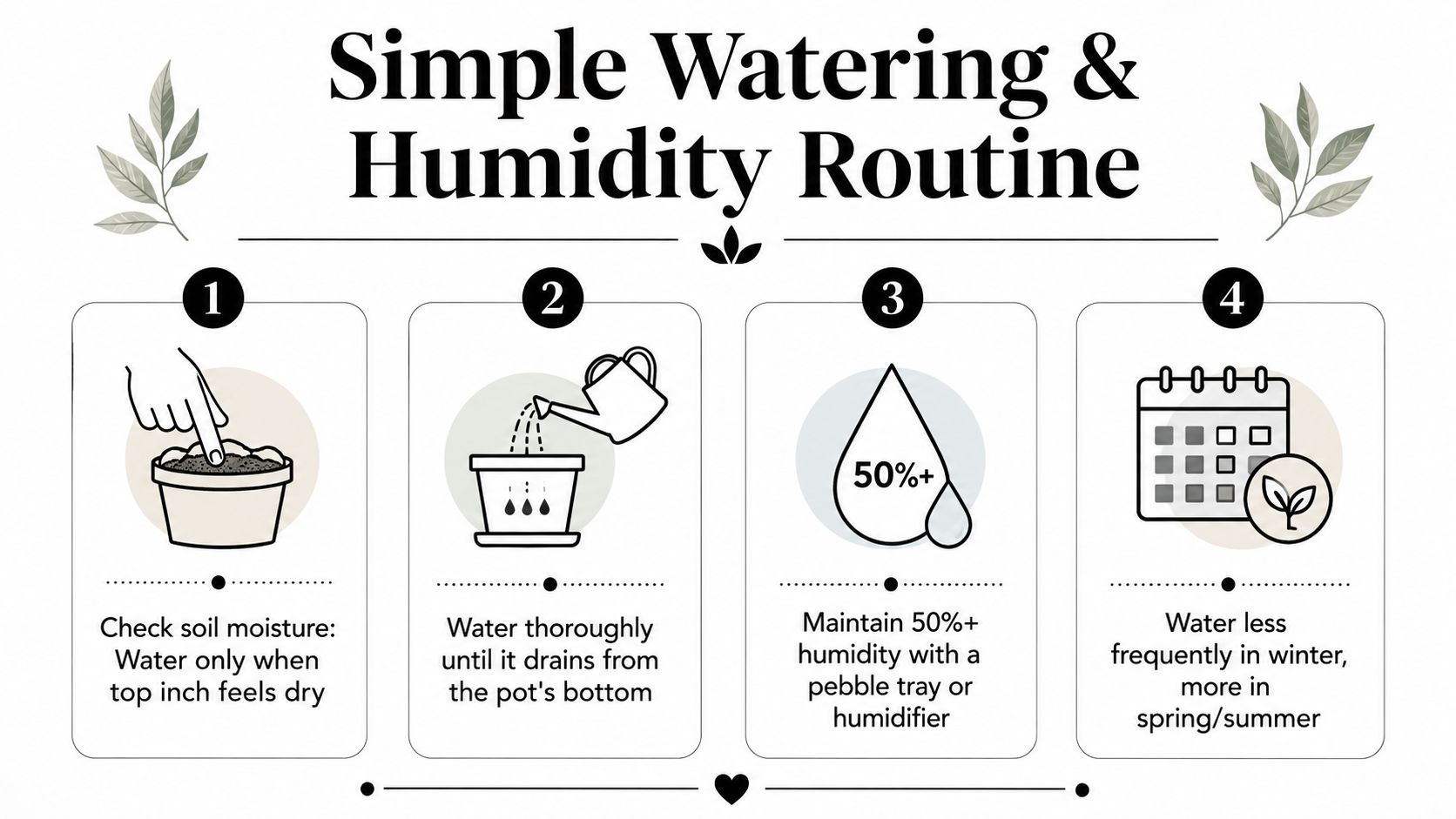 An infographic detailing a simple four-step watering and humidity routine for caring for houseplants.