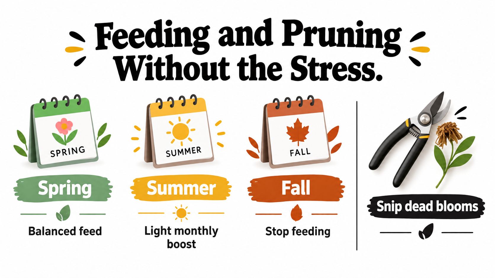 An infographic showing seasonal plant care tips including feeding schedules for spring, summer, fall and pruning advice.