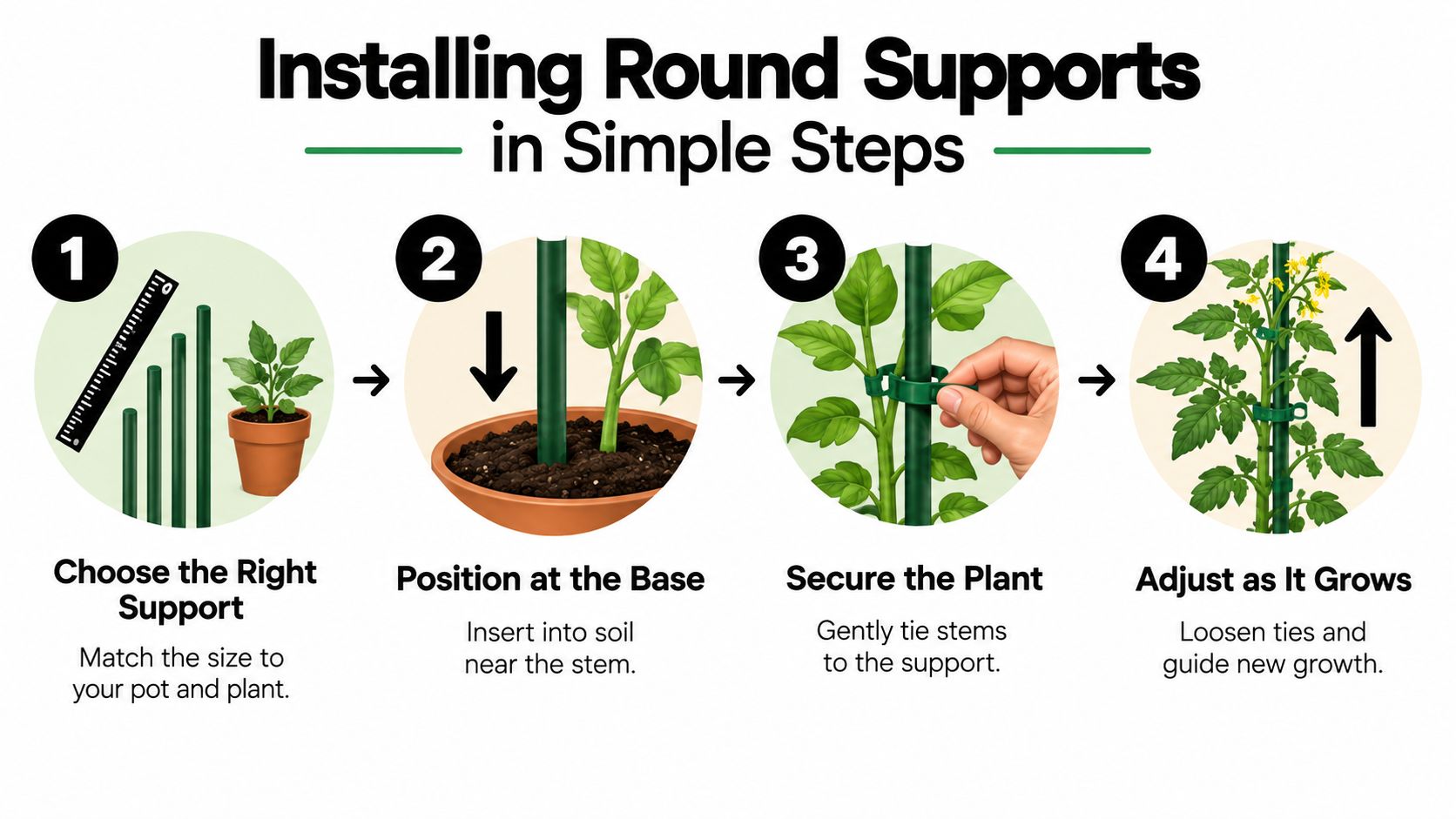 A four-step instructional graphic showing how to install a green round plant support for a potted tomato plant.