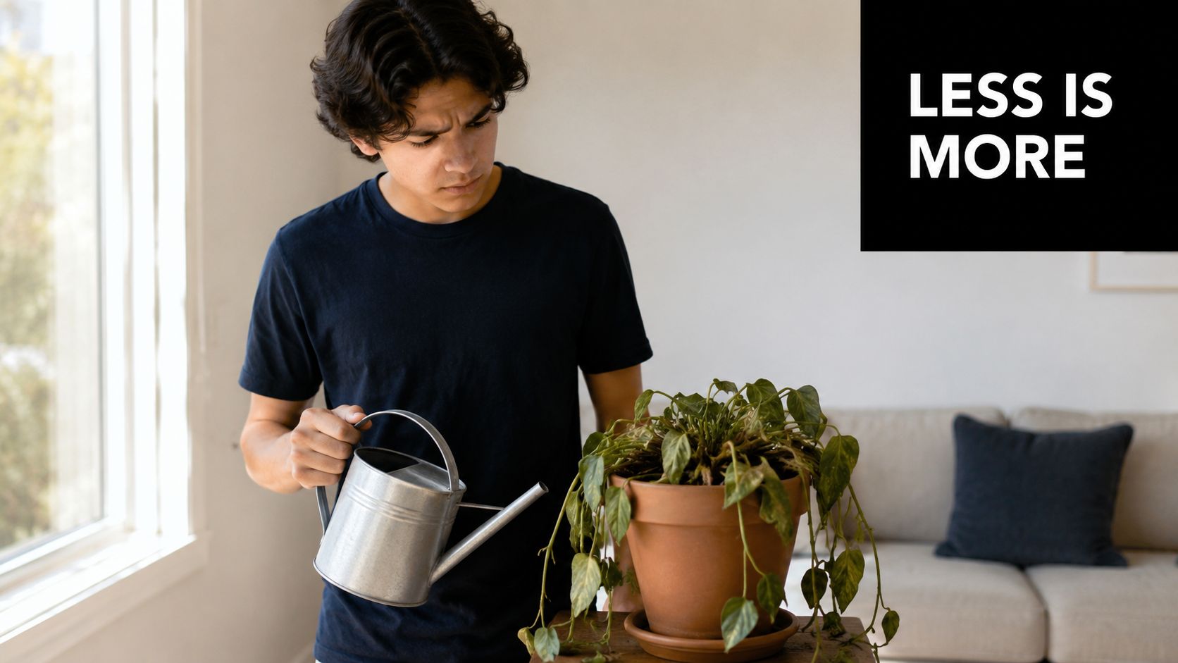 A young man carefully watering a wilted potted houseplant while standing near a bright window.