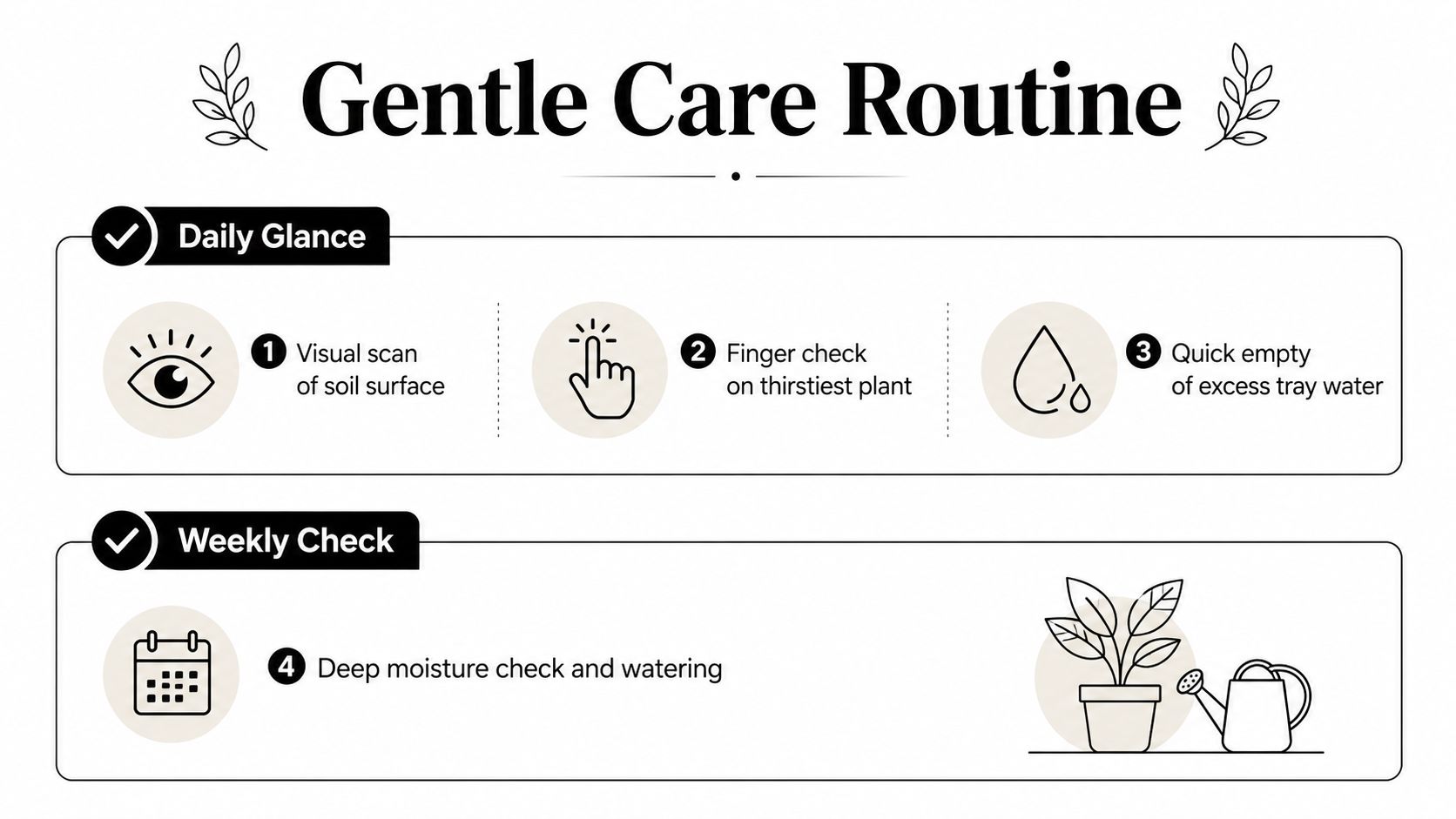 An infographic titled Gentle Care Routine outlining daily plant care steps and a weekly watering schedule.