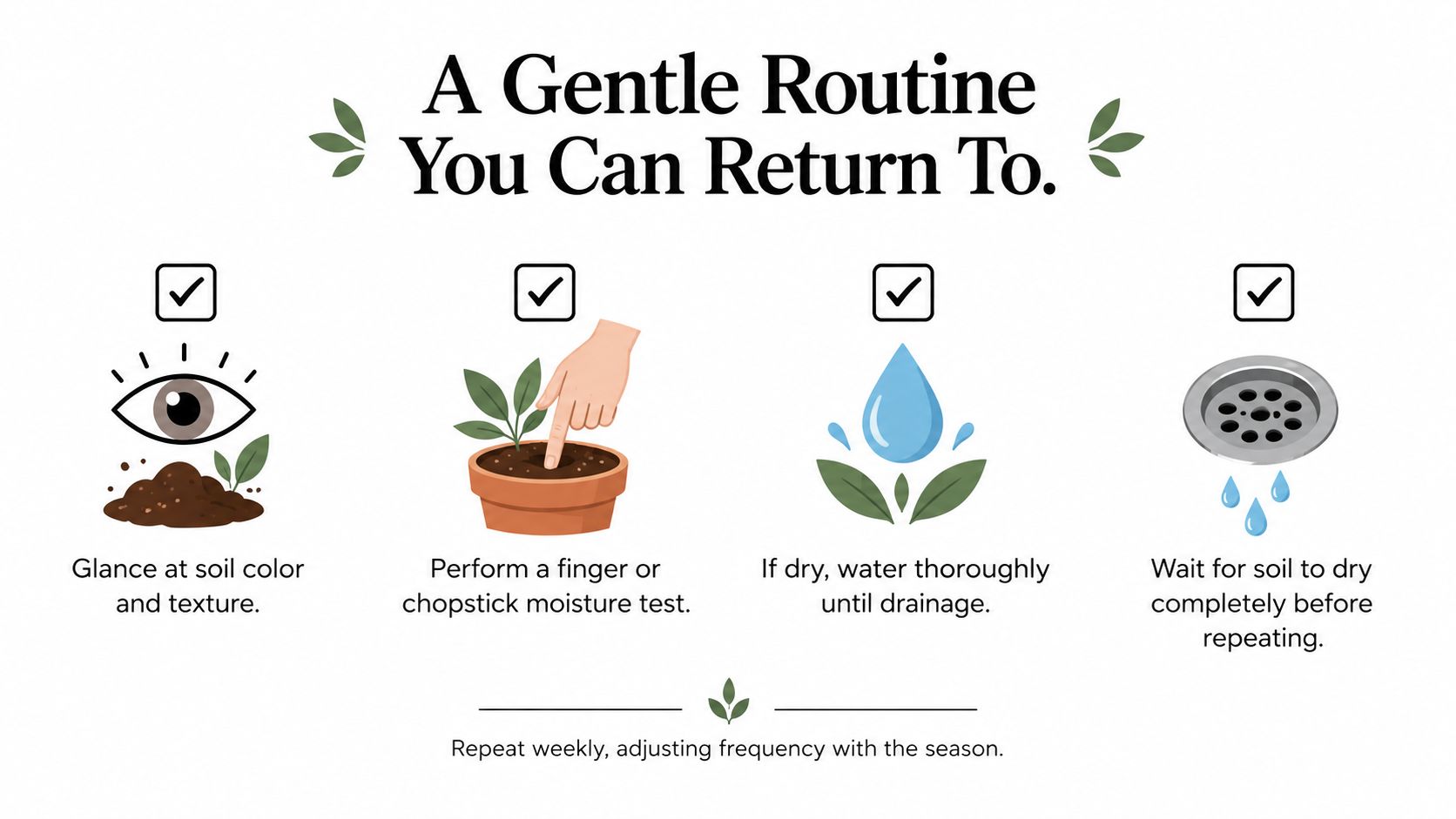 An instructional graphic on a gentle plant care routine involving checking soil moisture and proper watering techniques.