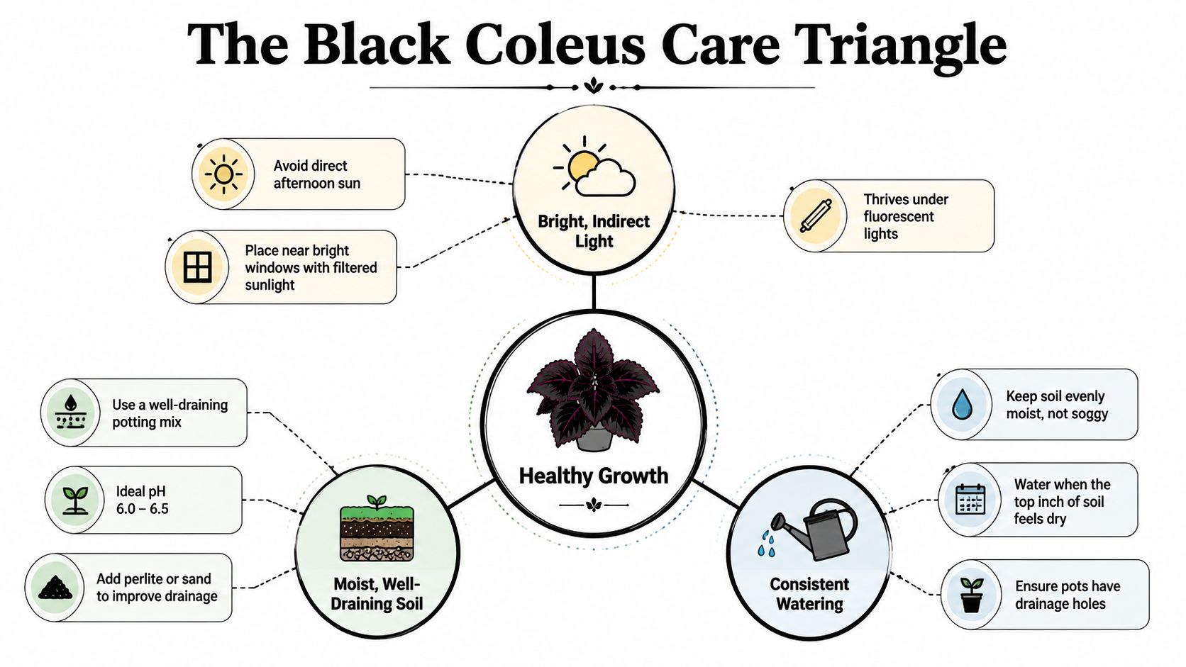 An infographic titled The Black Coleus Care Triangle detailing tips for light, soil, and watering needs.