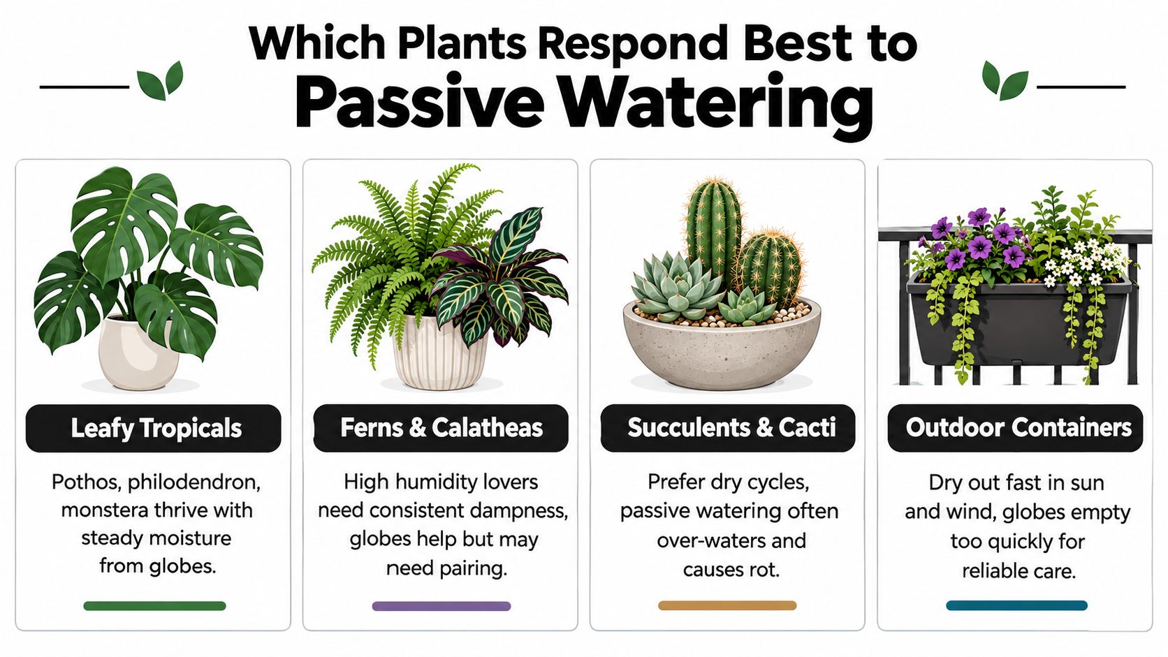 An infographic titled Which Plants Respond Best to Passive Watering, categorizing various plants by watering needs.
