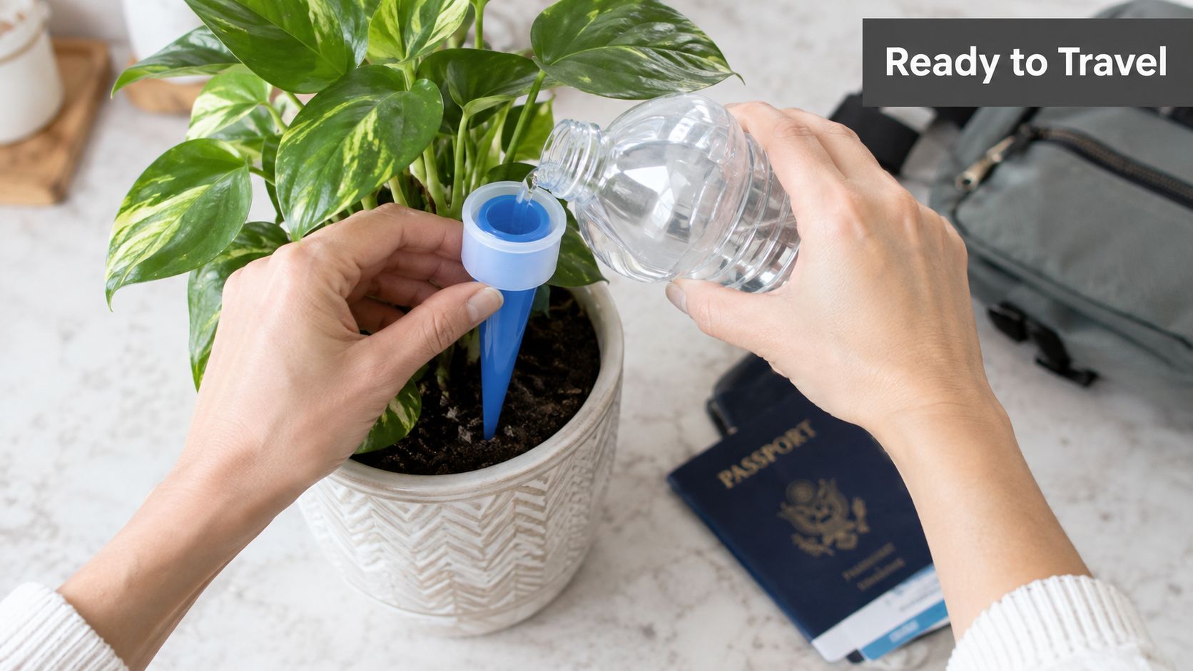 A person pouring water from a plastic bottle into a blue self-watering spike in a potted plant.