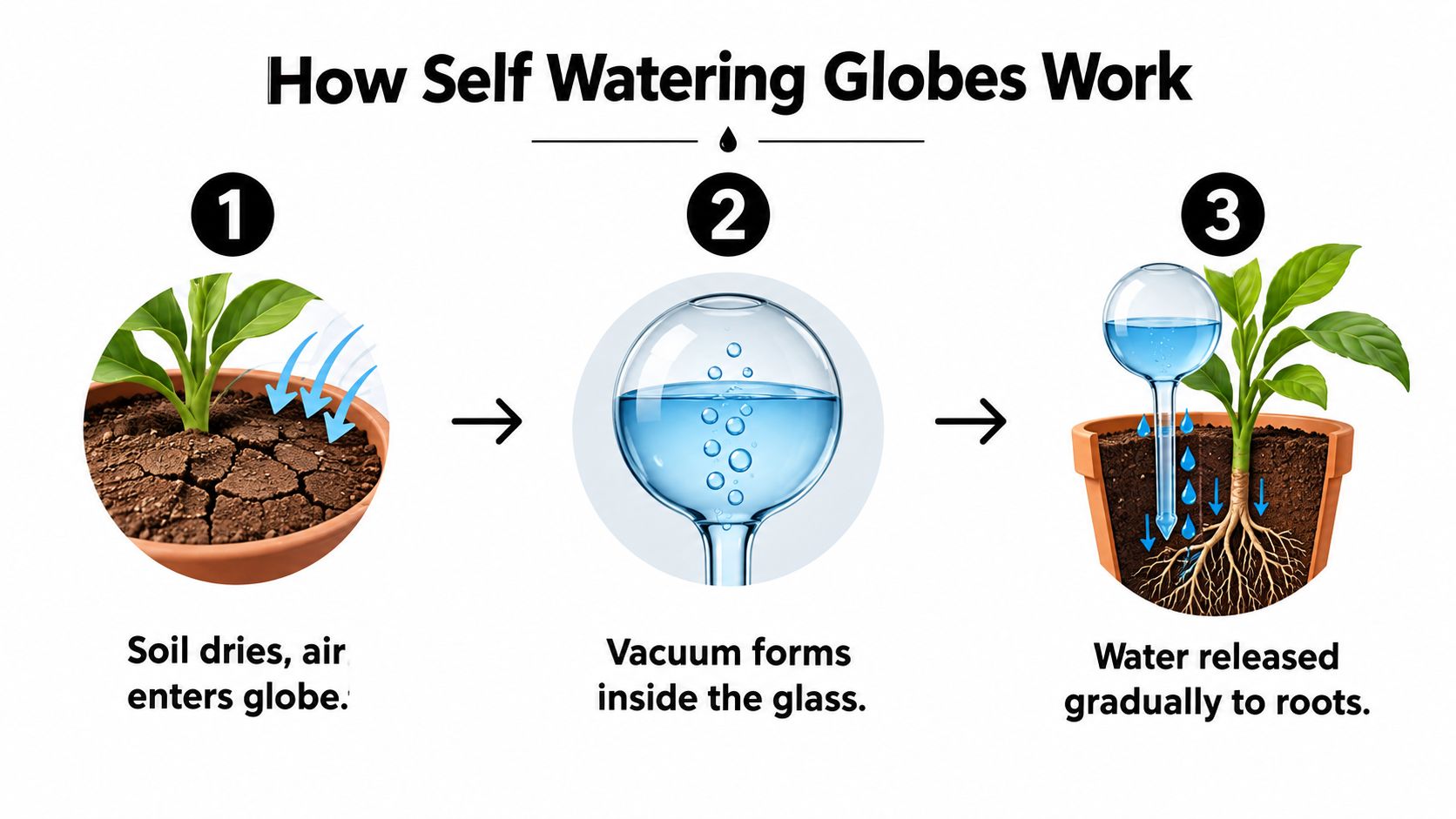 An infographic showing the three-step process of how self-watering globes provide moisture to houseplant roots.