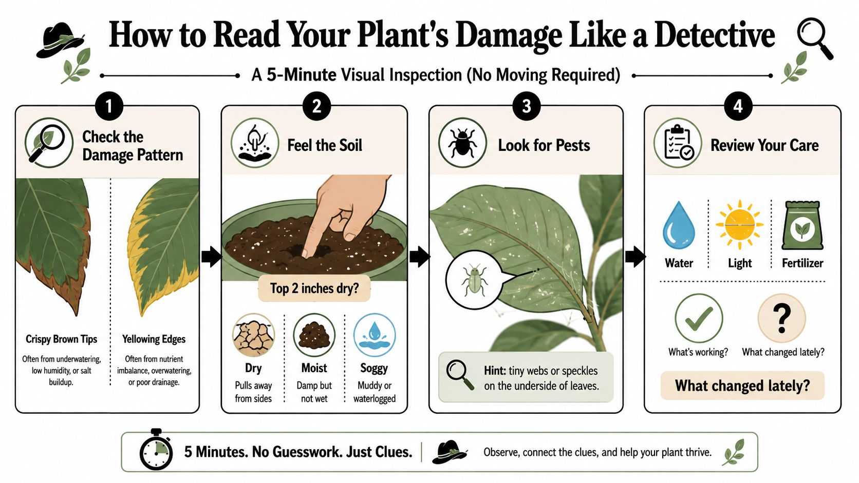 A step-by-step infographic titled How to Read Your Plant's Damage Like a Detective, illustrating plant diagnostic techniques.