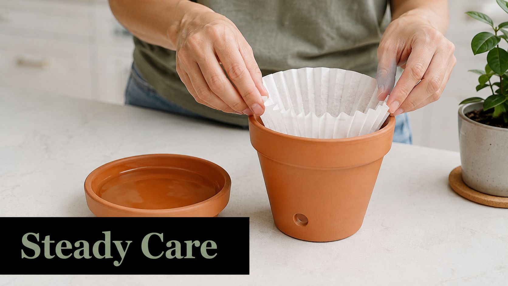 A person placing a paper coffee filter inside a terracotta pot for better soil moisture control.