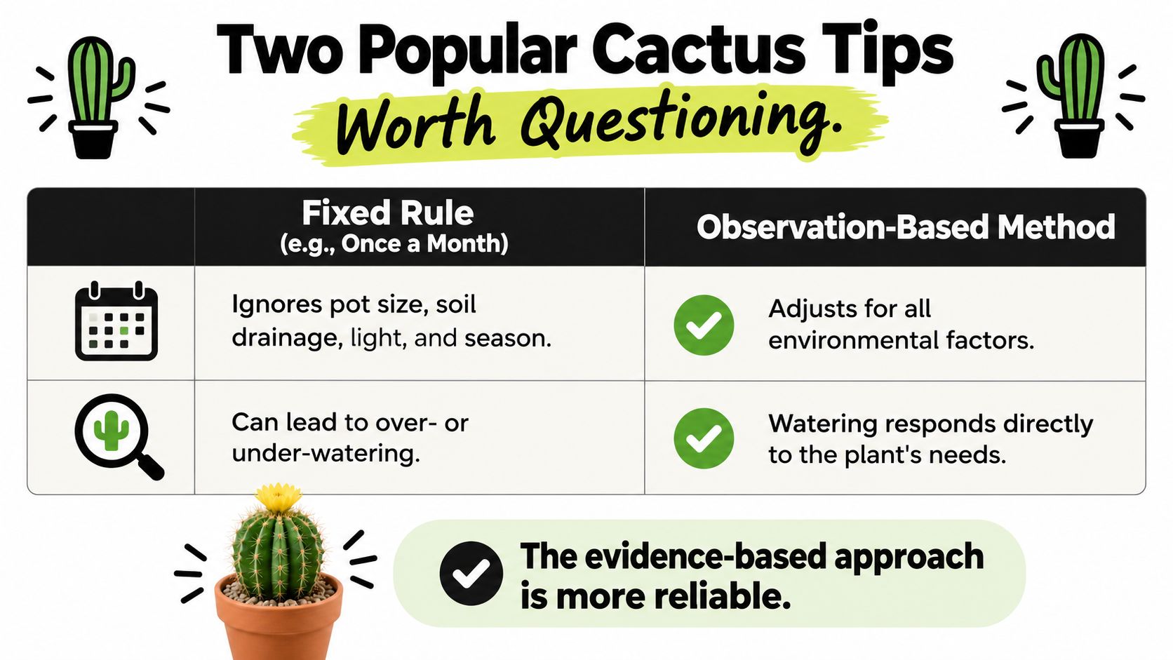 A comparison chart showing why observation-based cactus watering is more reliable than using a fixed schedule.