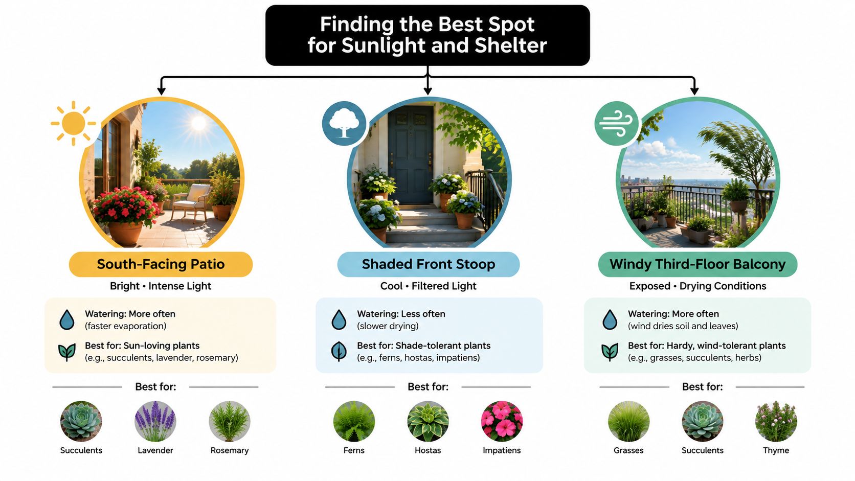 An infographic showing how sunlight and wind conditions affect plant care choices for different outdoor locations.