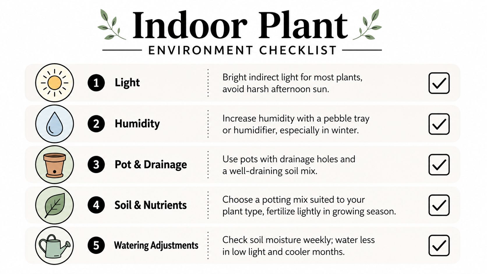 A checklist infographic illustrating five essential indoor plant care tips for a healthy home garden.