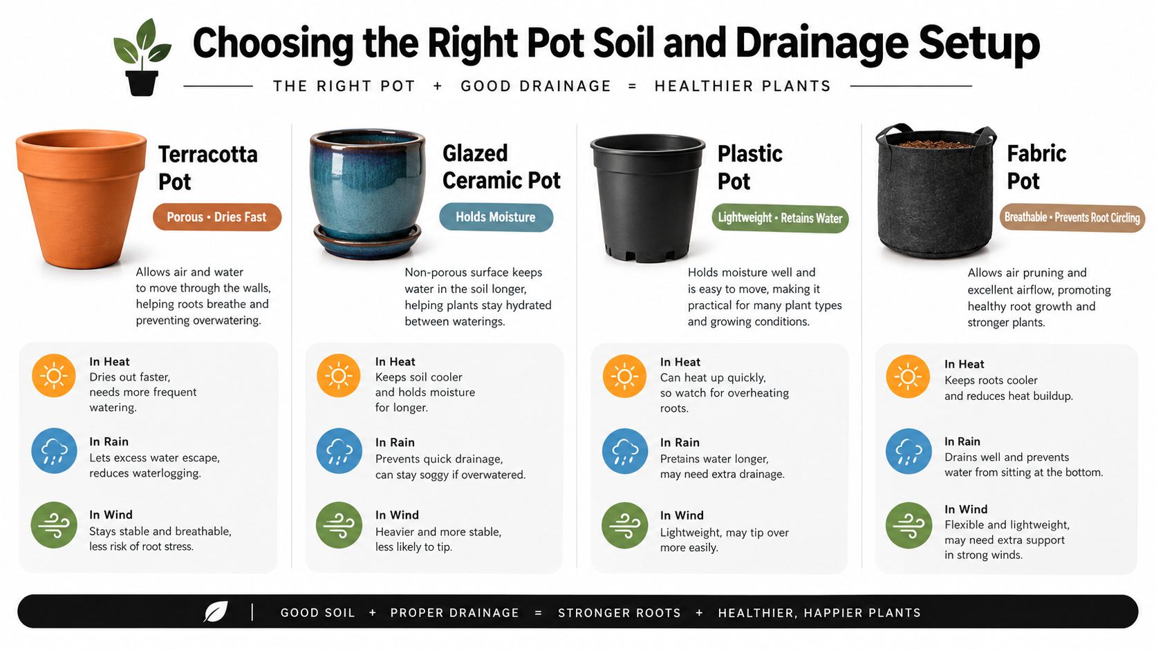An educational infographic comparing four types of plant pots: terracotta, glazed ceramic, plastic, and fabric.