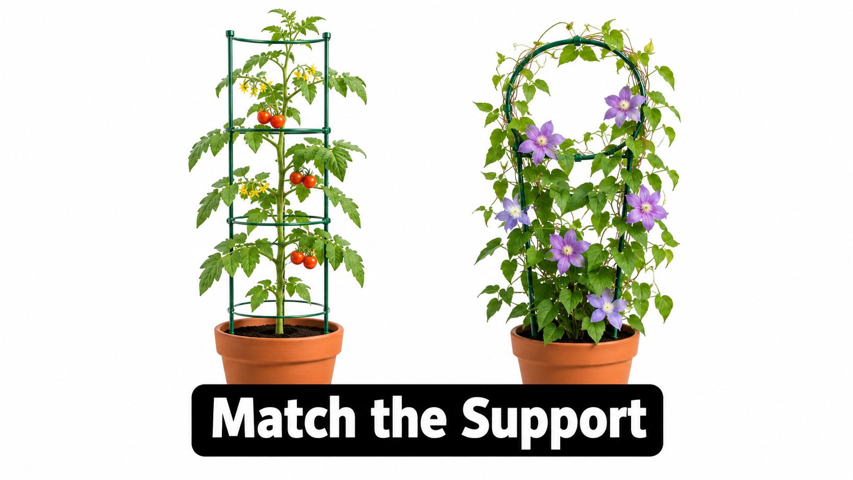 Two potted plants growing on different green metal supports against a plain white background.