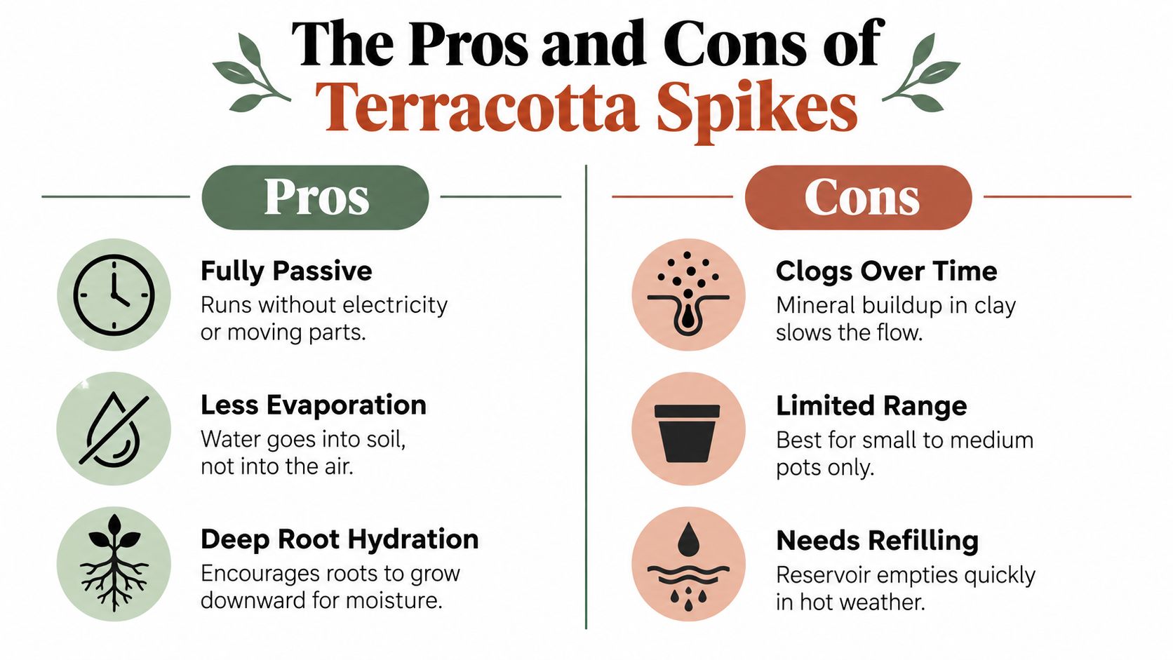 An infographic showing the advantages and disadvantages of using terracotta watering spikes for potted plants.