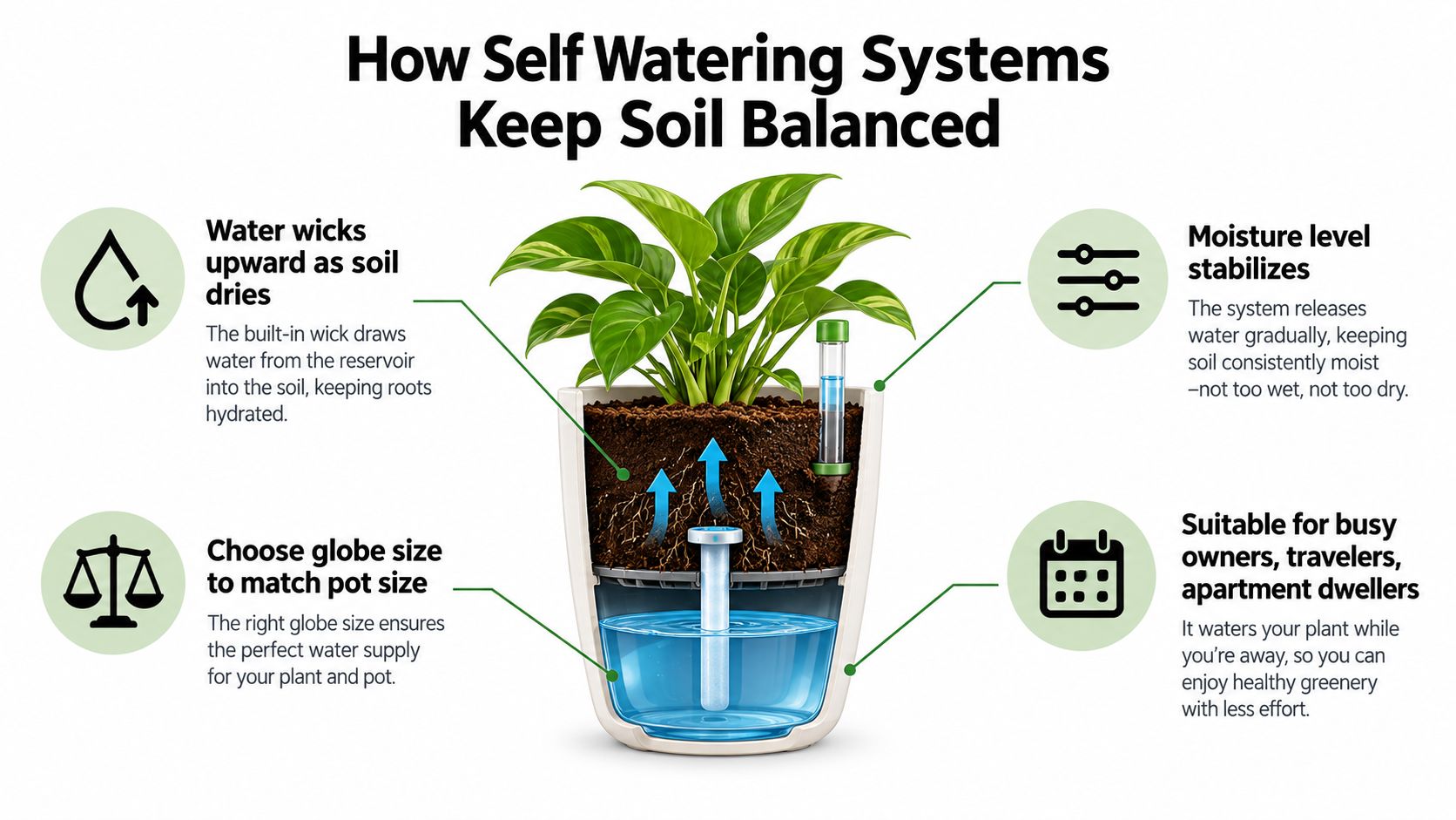A diagram illustrating how self-watering planters use wicking mechanisms to keep soil moisture levels balanced for plants.