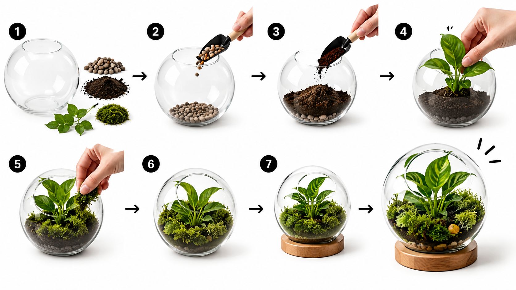 A step-by-step instructional guide illustrating the process of creating a decorative glass plant terrarium.