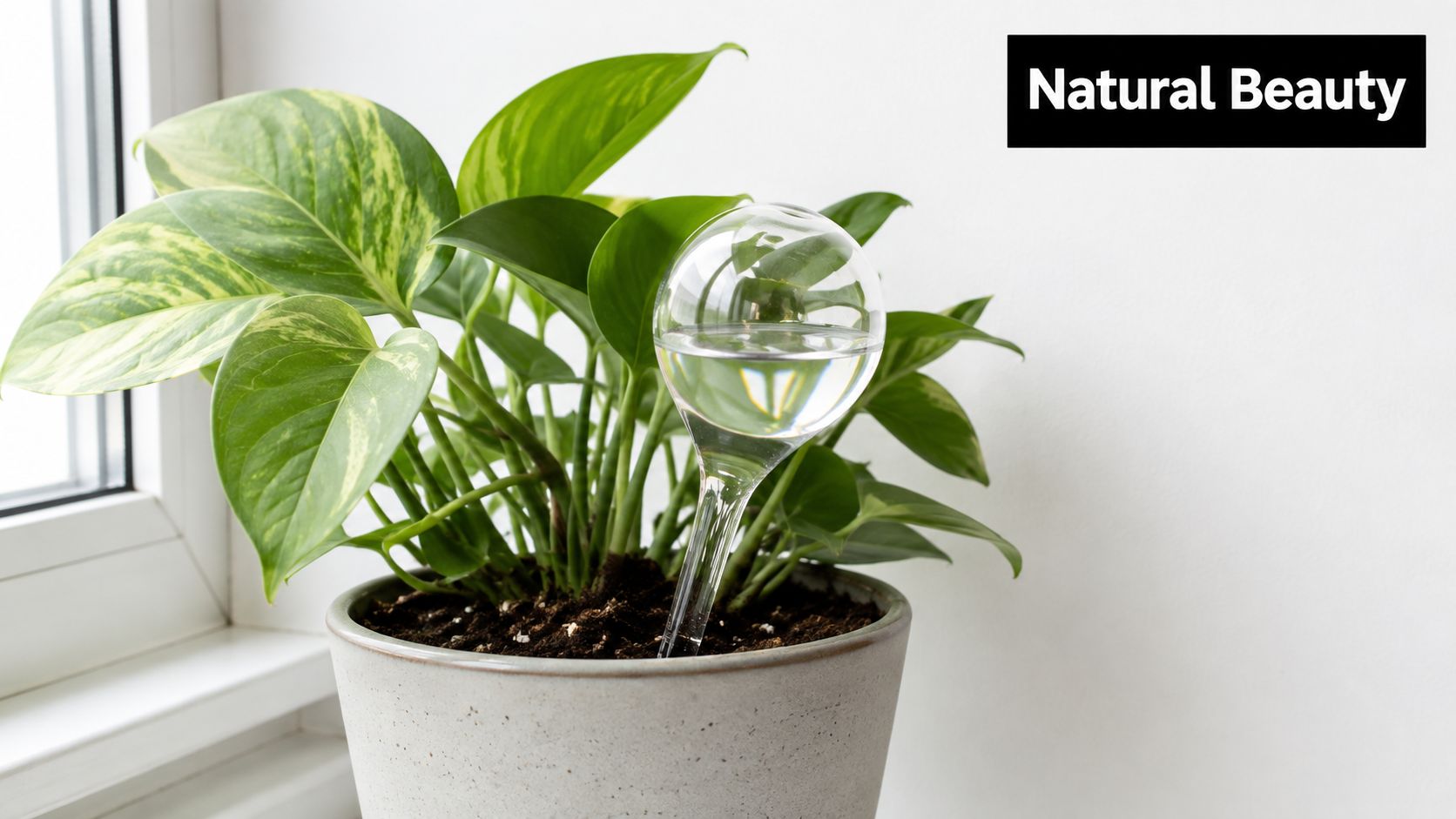 A green pothos houseplant in a ceramic pot with a glass watering globe inserted in soil.