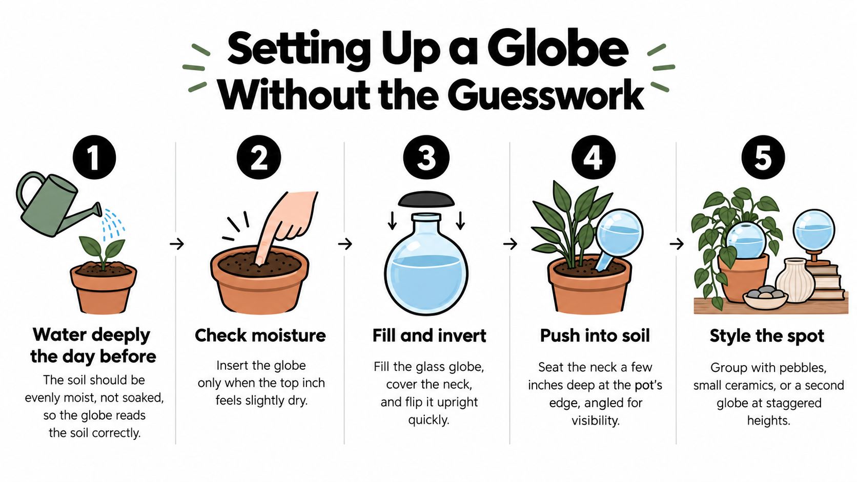 A five-step infographic showing how to correctly set up a glass plant watering globe in soil.