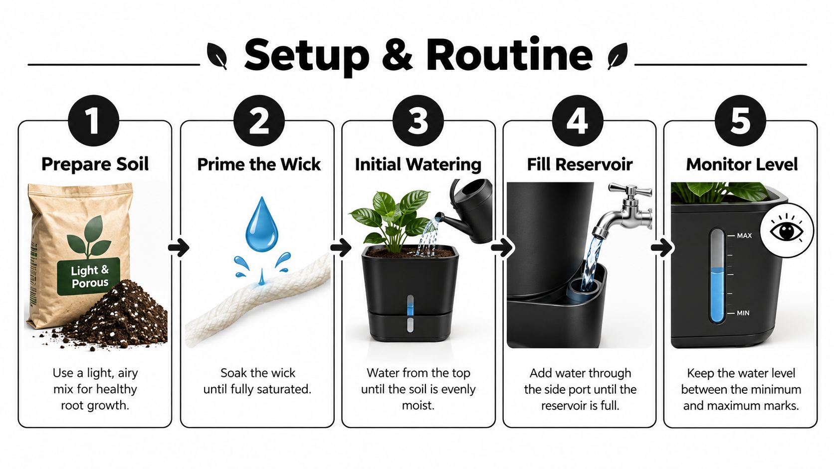 A five-step guide on setting up and maintaining a self-watering planter for healthy indoor plant growth.