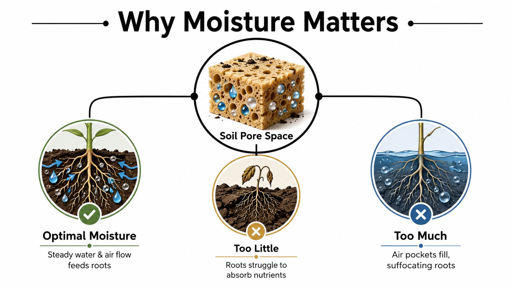 A diagram illustrating how soil moisture levels affect plant root health, including optimal, too little, and too much water.