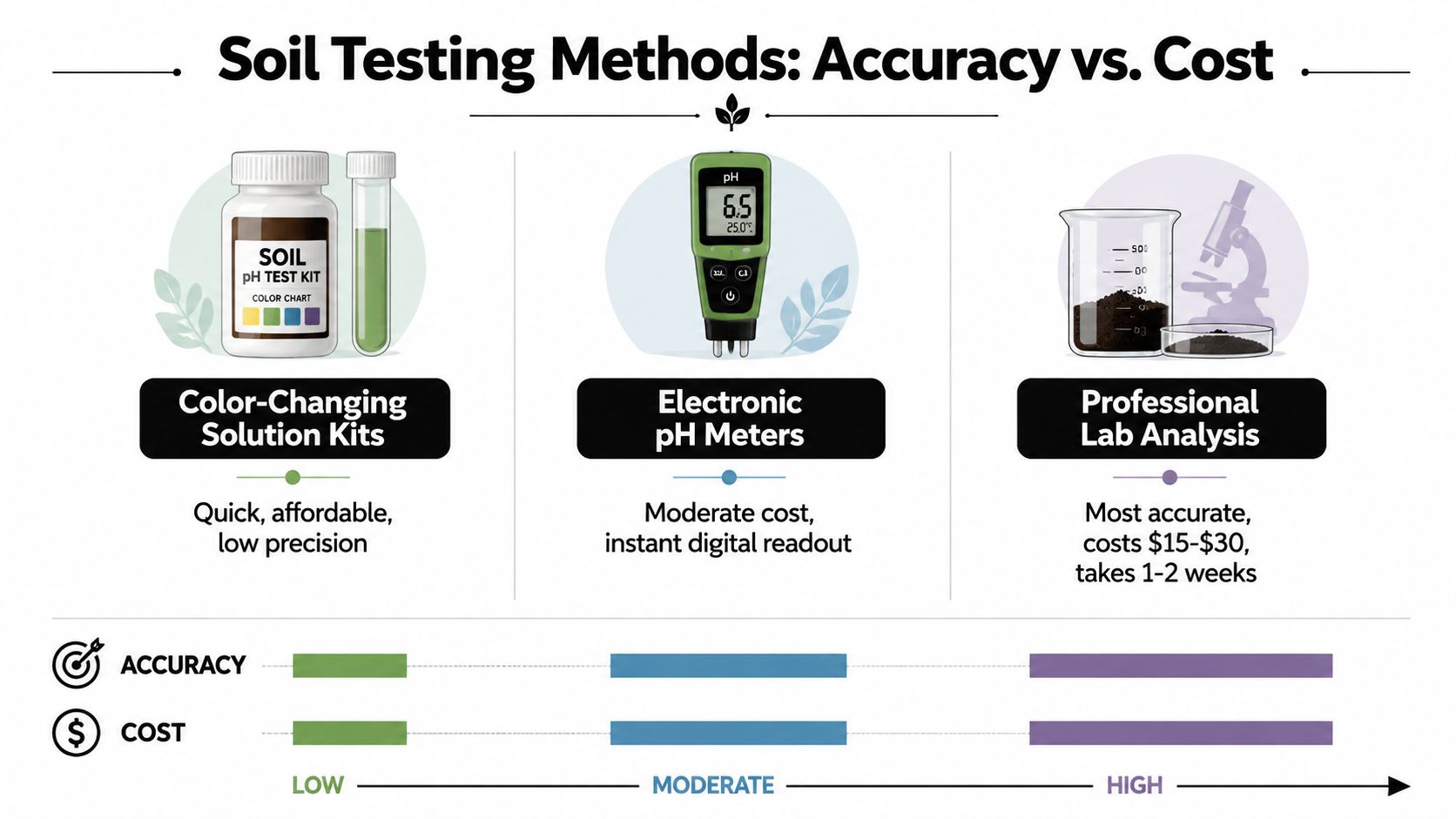 A comparison chart showing three soil pH testing methods based on their accuracy, cost, and processing time.