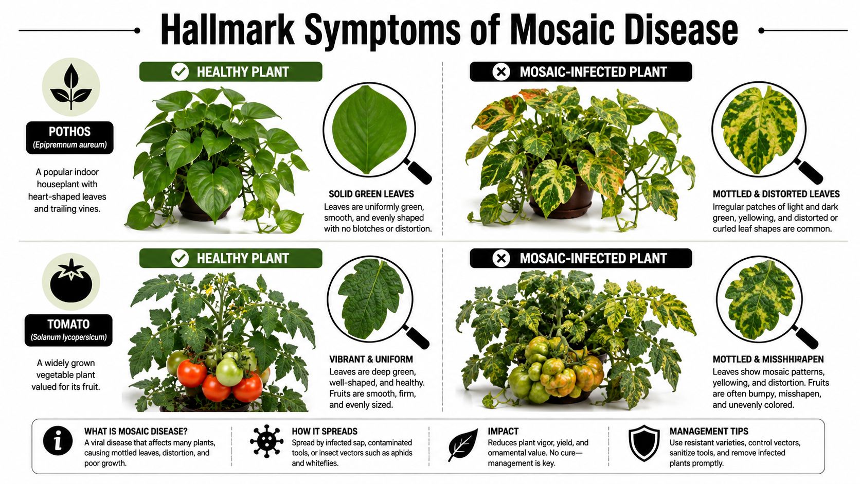 A visual guide comparing healthy and mosaic-infected pothos and tomato plants with common symptoms and management tips.