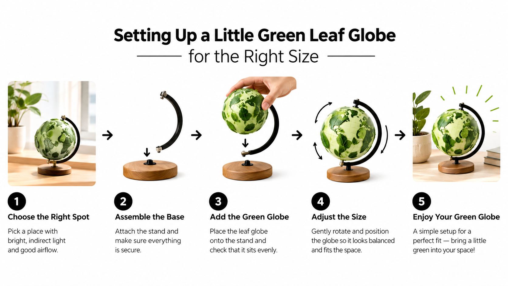 A five-step instruction guide illustrating how to assemble and position a decorative green leaf globe.