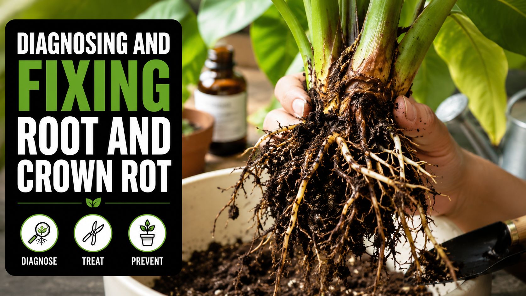 A close-up view of a plant with exposed roots, focusing on identifying signs of root and crown rot.