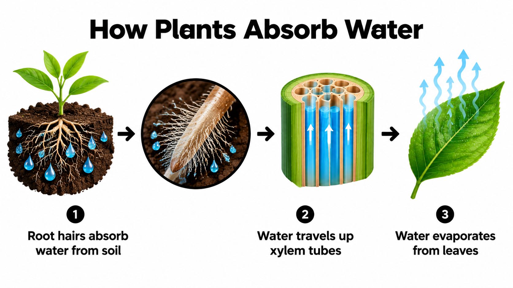 A diagram illustrating how plants absorb water through roots, transport it via xylem, and evaporate it from leaves.