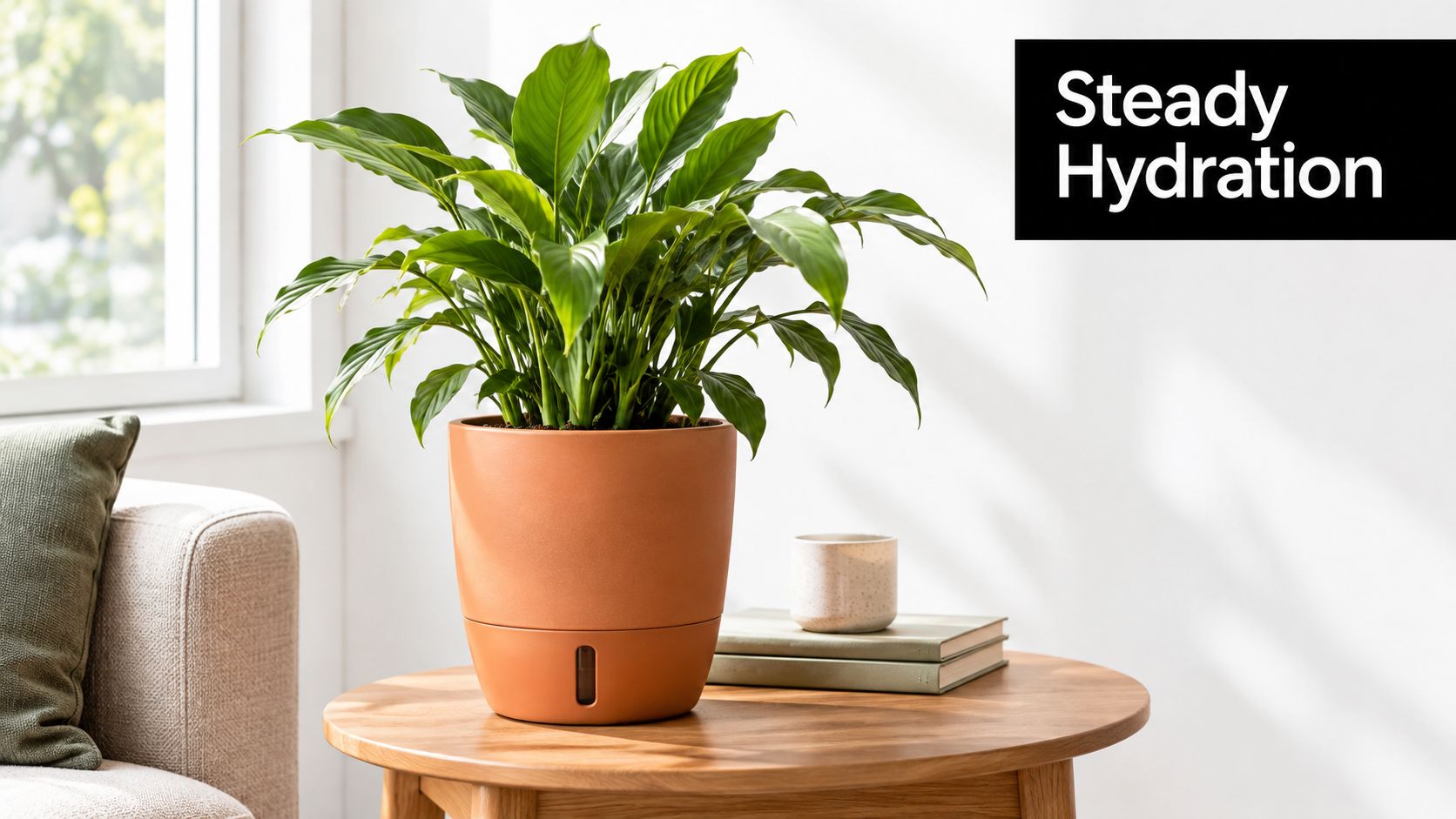 A green peace lily plant potted in a terra cotta self-watering planter sitting on a wooden table.
